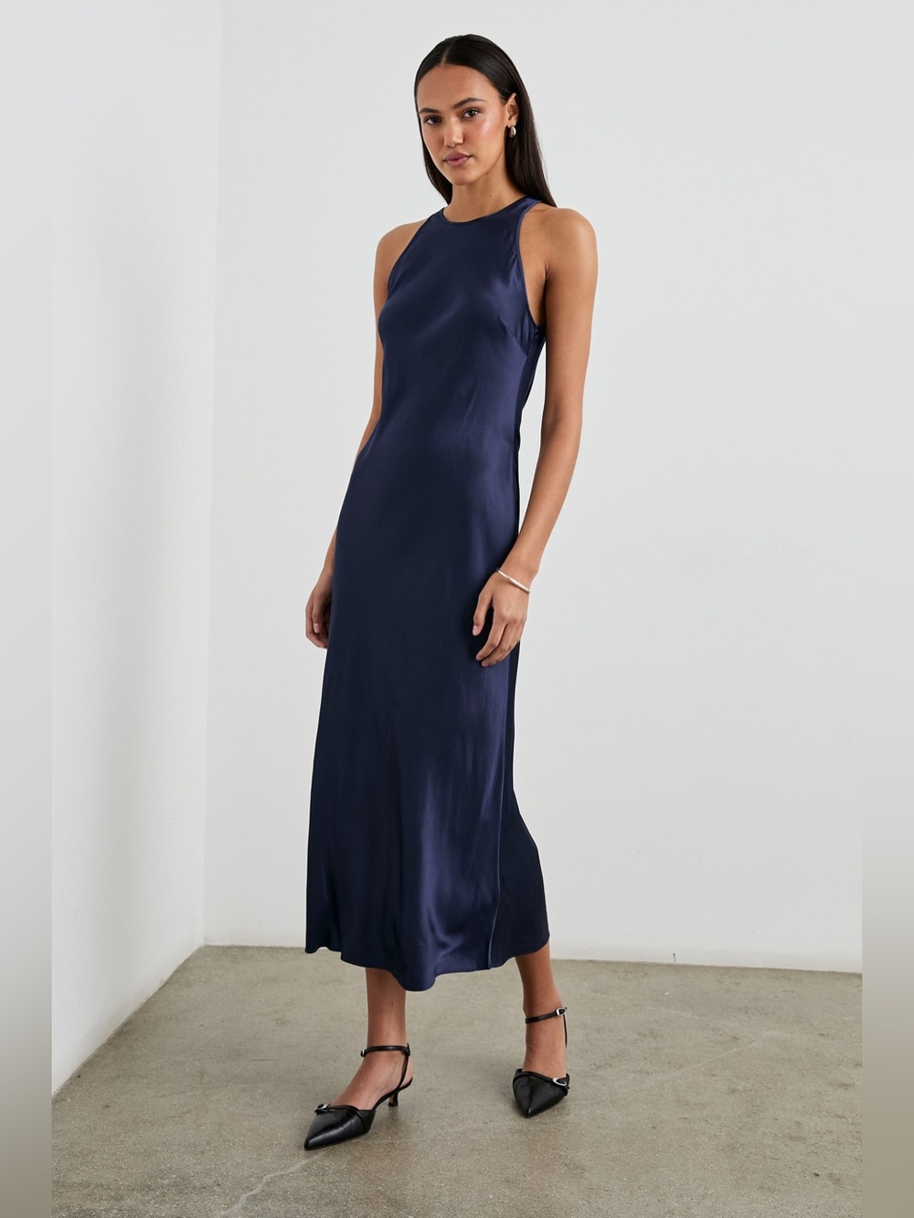 Rails Solene Navy Blue Midi Lightweight Satin Sleeveless Dress